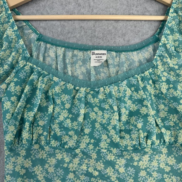 No Boundaries Top Womens M Teal Floral Sheer Crop Y2K Milkmaid Cottagecore Fairy - Picture 3 of 10